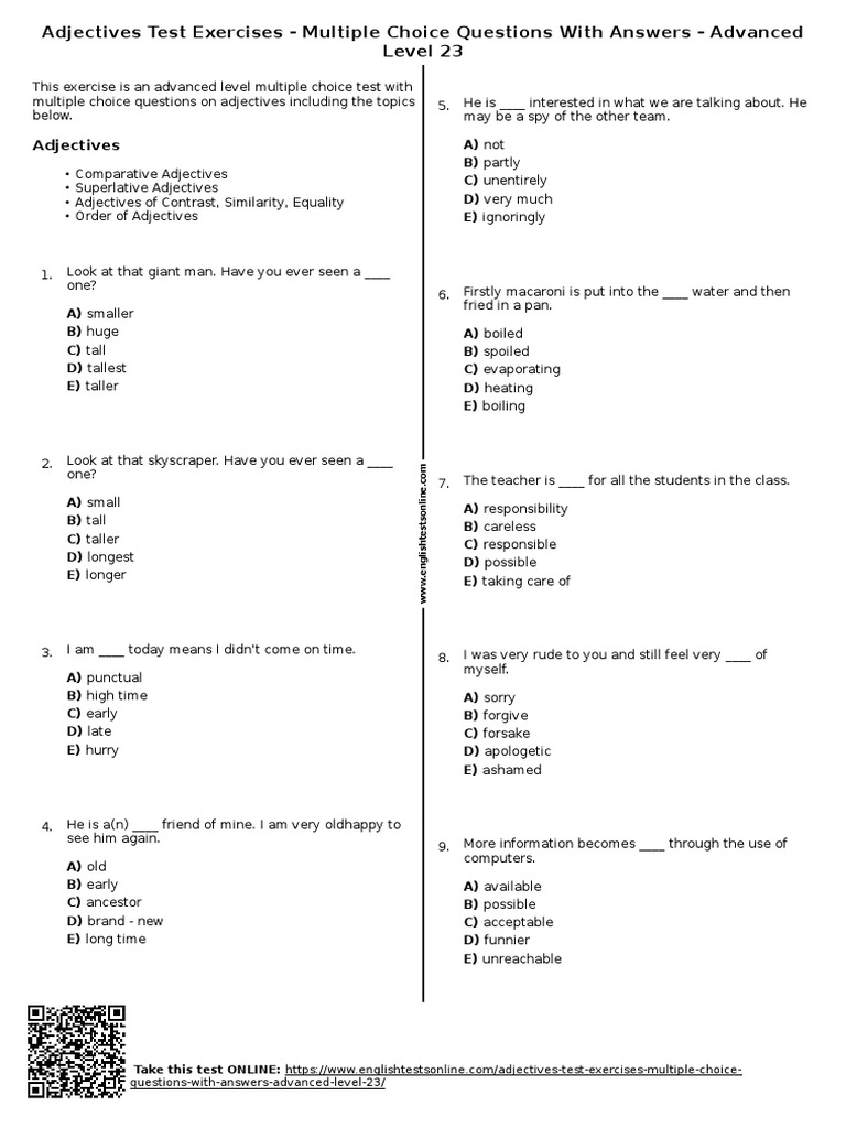 522 adjectives test exercises multiple choice questions with answers advanced level 23
