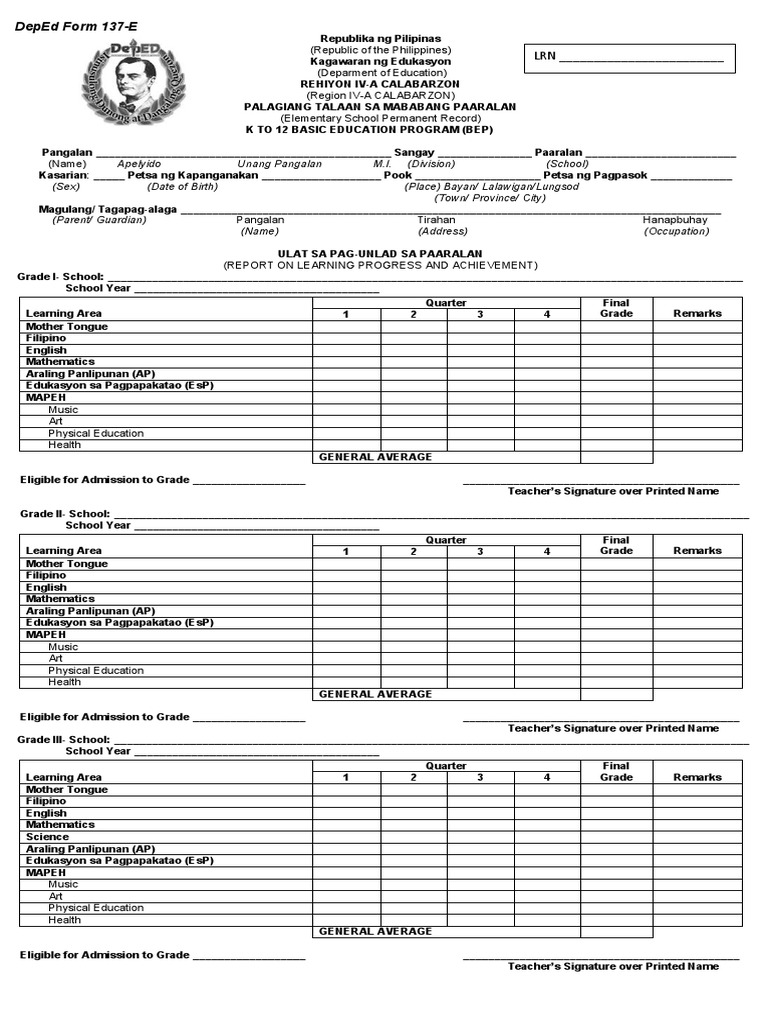 Deped Form 137-E | PDF | Advanced Placement | Value (Ethics)