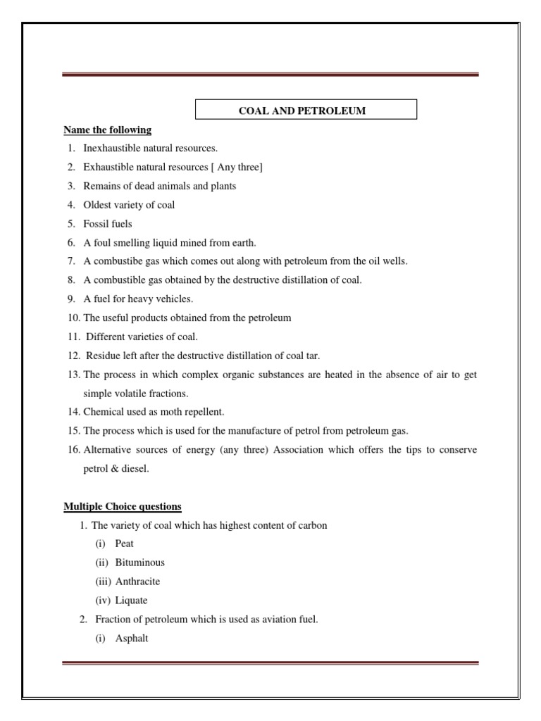 Class 8 Science Worksheet - Coal and Petroleum Part A | PDF