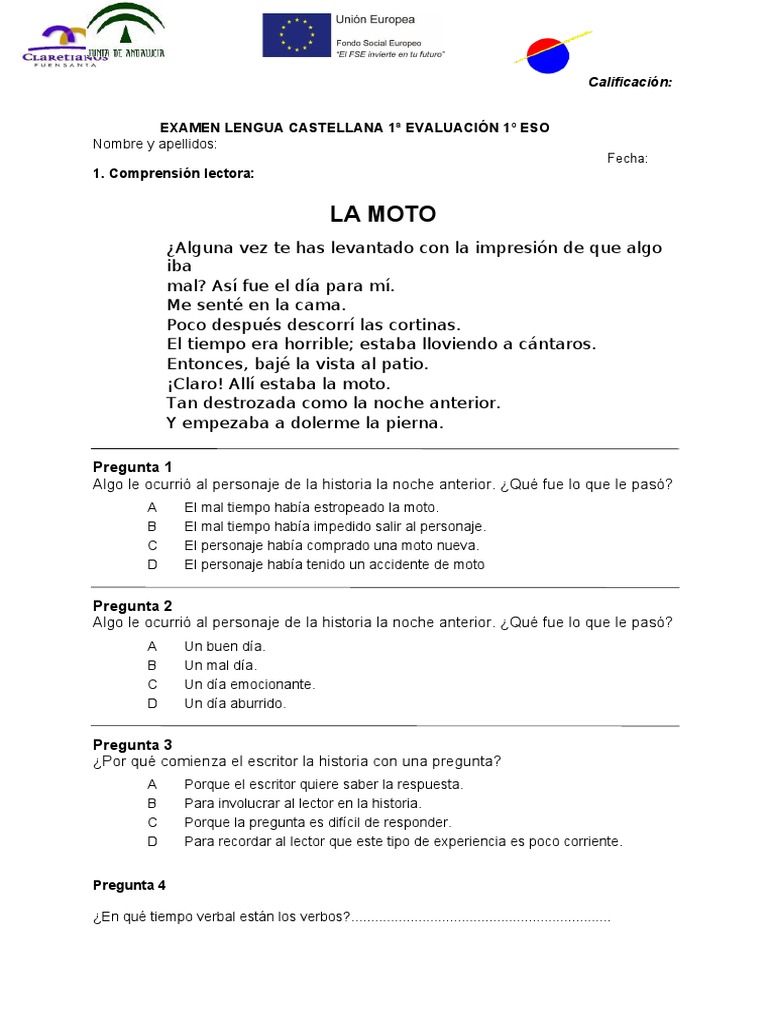 Examen Lengua 1 ESO PDF Prueba (evaluación) Verbo