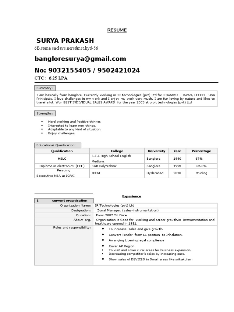 Resume of Surya Prakash - Sales Manager | PDF | Career & Growth ...