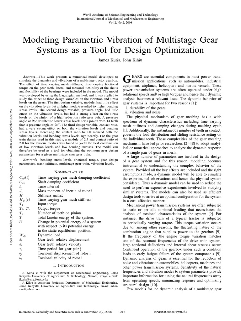 Modeling Parametric Vibration of Multistage Gear Systems As A Tool For ...