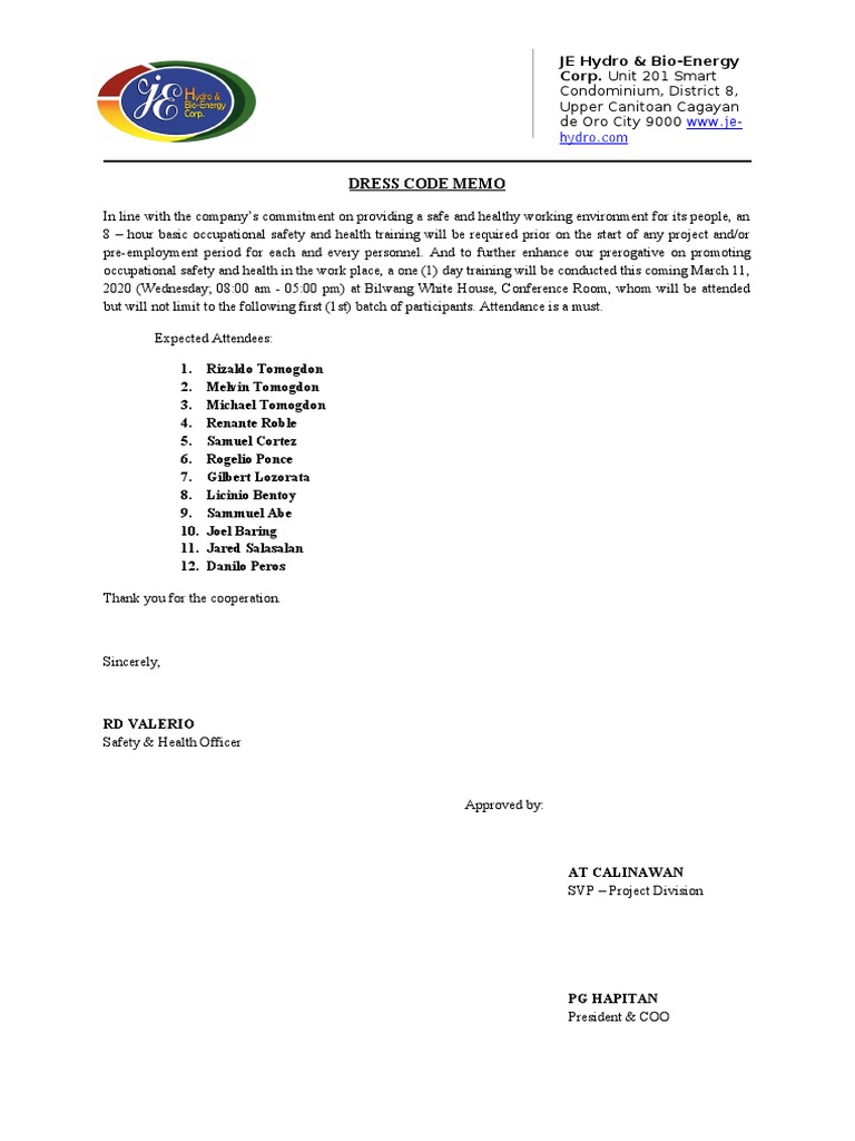 Dress Code Memo WW W .Je PDF