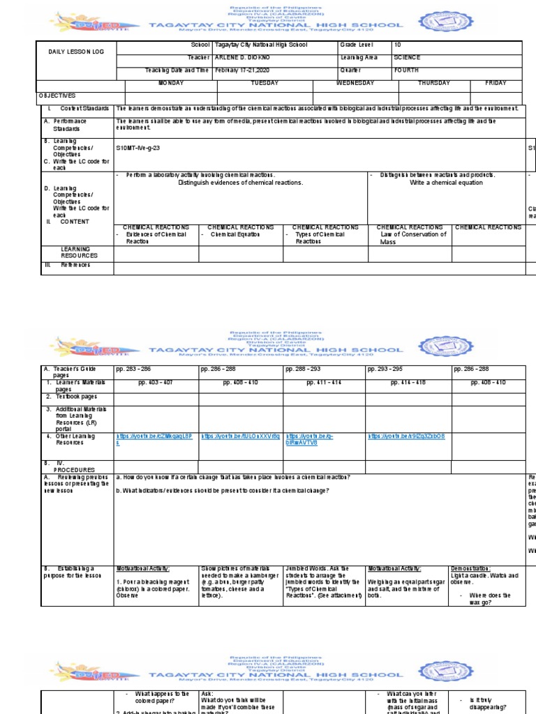 Grade 10 Science Lesson on Chemical Reactions | PDF | Chemistry | Learning