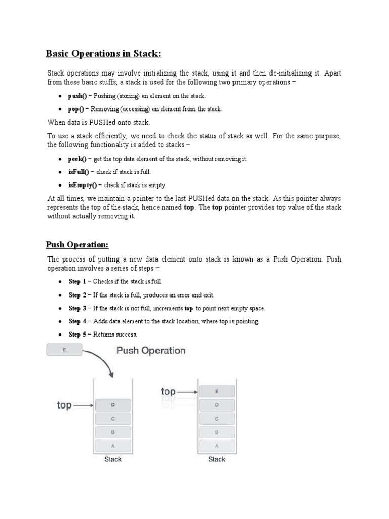 Basic Operations in Stack:: Push Operation | PDF | Pointer (Computer ...