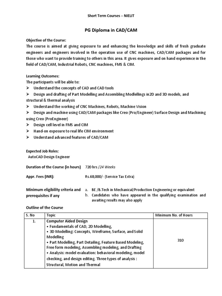 PG Diploma in CAD/CAM: Short Term Courses - NIELIT | PDF | Computer ...