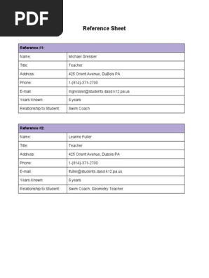 reference sheet
