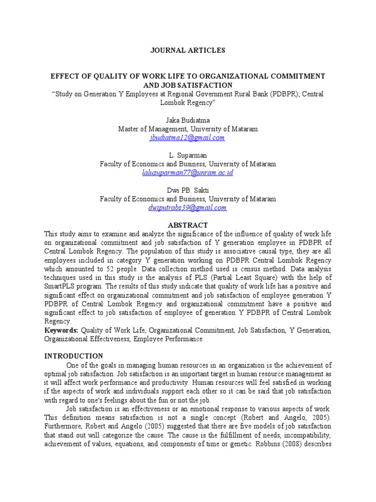 Quality of Work Life and Job Satisfaction | PDF | Coefficient Of ...