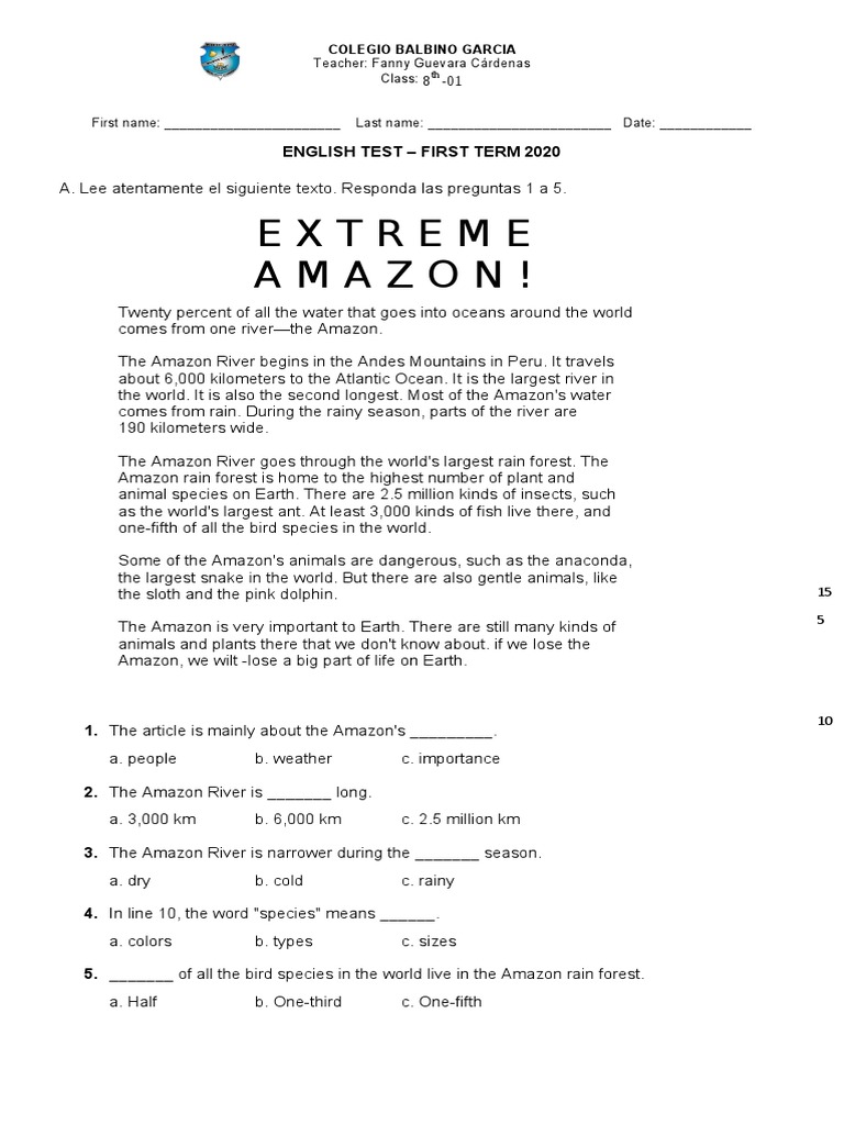 English Test for 8th Grade Students | PDF | Amazon River | Nature