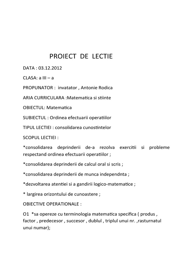 1 Proiect Didactic La Matematica 3 | PDF