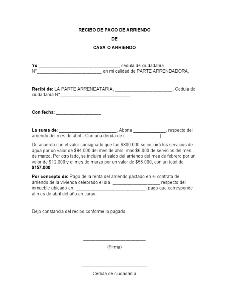 Modelo Recibo De Pago Recibo de Pago de Arriendo | PDF