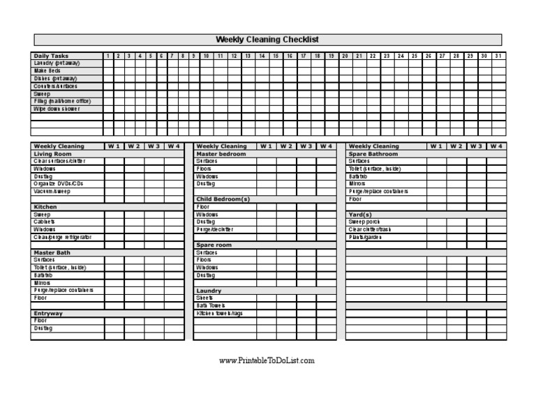 Weekly Cleaning Checklistw PDF | PDF | Cooking, Food & Wine | Home & Garden