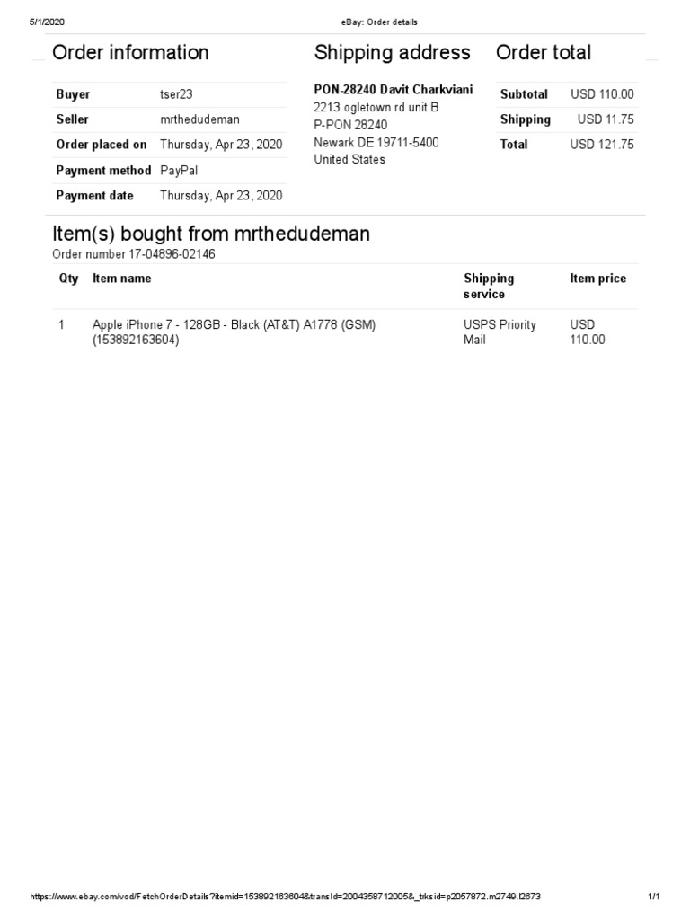 Order Information Shipping Address Order Total | PDF