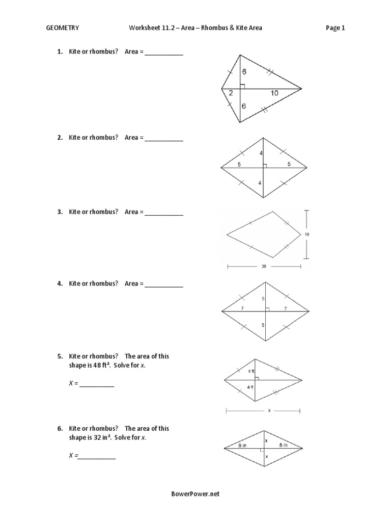 Calculating Areas of Rhombuses and Kites: A Geometry Worksheet with  Exercises to Find Unknown Side Lengths, Diagonals, and Areas of  Quadrilaterals | PDF