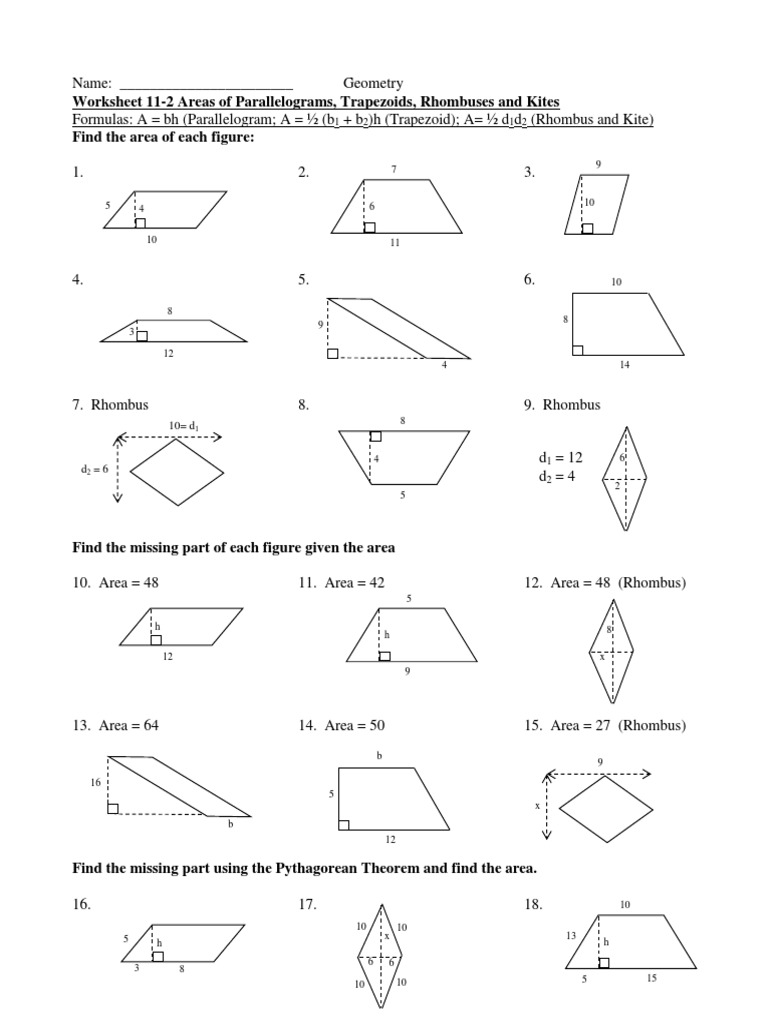 Worksheet 2222-22 Areas of Parallelograms, Trapezoids, Rhombuses and Regarding Area Of Rhombus Worksheet