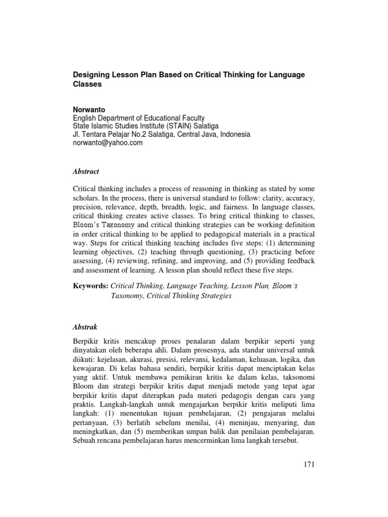 Critical Thinking Lesson Plans for Language Classes | PDF | Critical ...