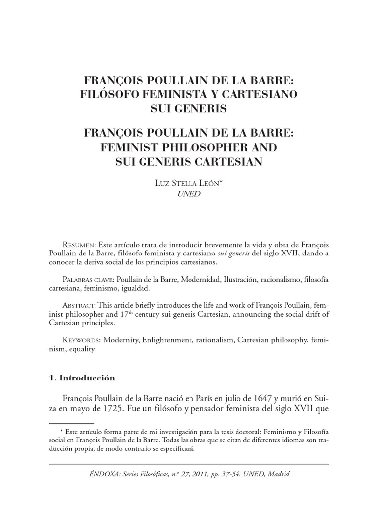 Francois Poullain de La Barre PDF René Descartes Feminismo
