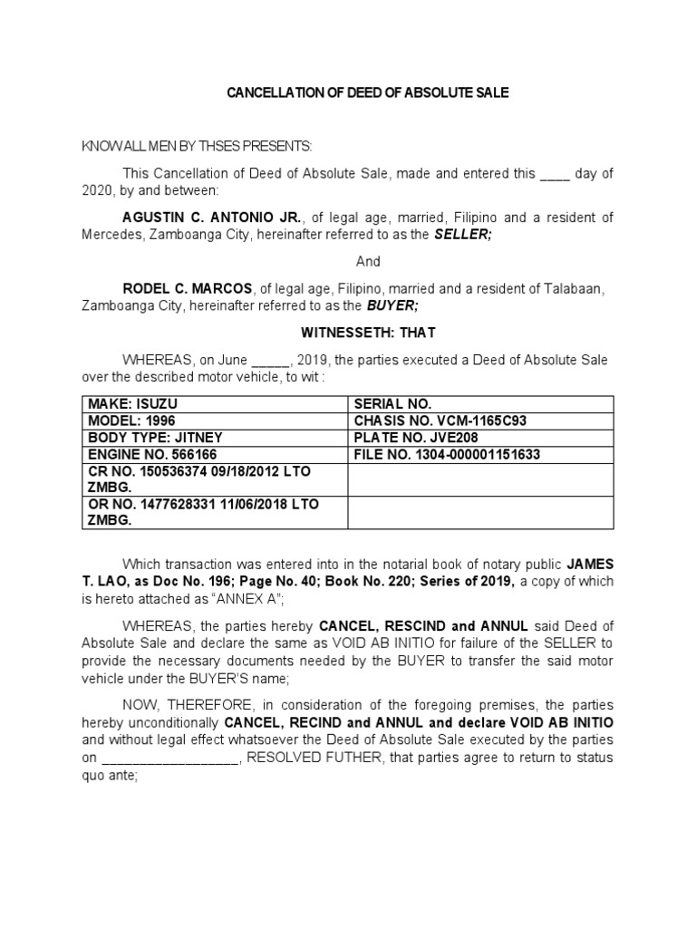 Cancellation of Deed of Absolute Sale PDF Civil Law (Legal System