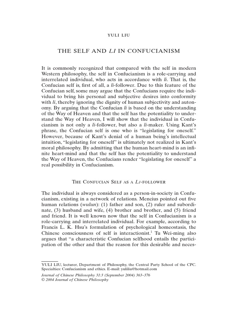The Self And Li In Confucianism Yuli Liu Pdf Noumenon Confucianism