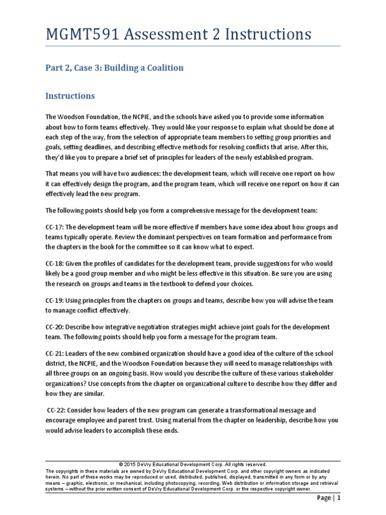 MGMT591 Assessment 2 Instructions: Part 2, Case 3: Building A Coalition ...
