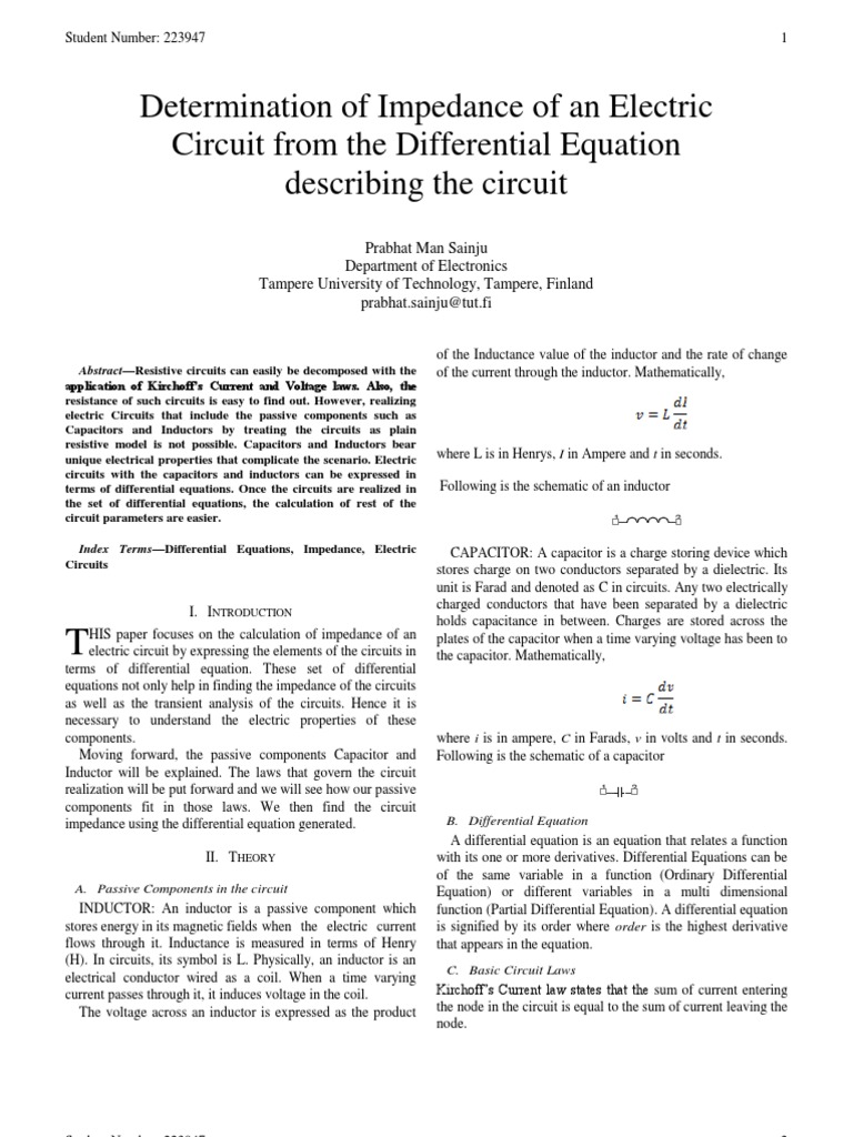 Impedance of Electric Circuits Using The Differential Equation