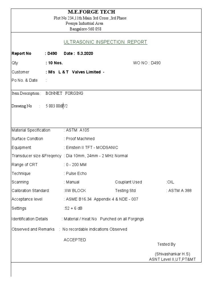 M.E.Forge Tech: Ultrasonic Inspection Report | PDF | Technology ...