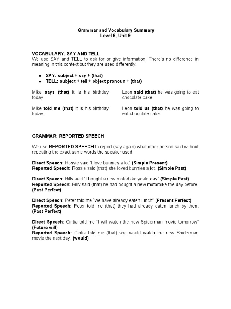 Say vs Tell & Reported Speech Guide | PDF | Language Mechanics ...