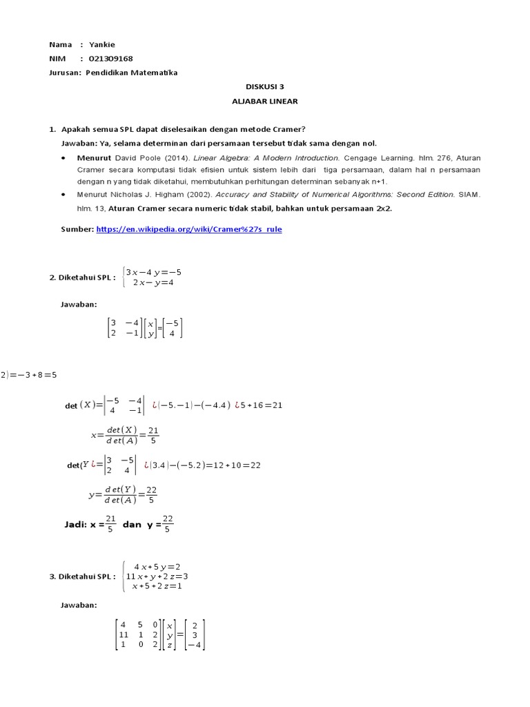 Metode Cramer dalam Penyelesaian SPL | PDF