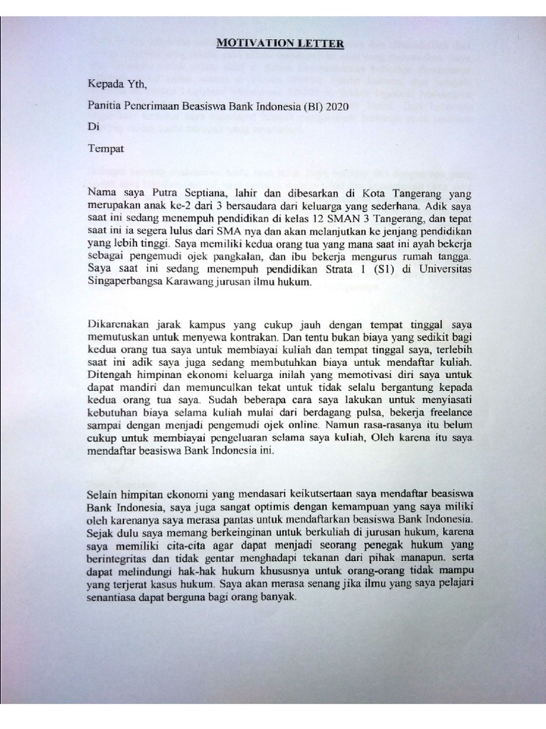 (MOTIVATION LETTER) Beasiswa Bank Indonesia Tahun 2020 | PDF