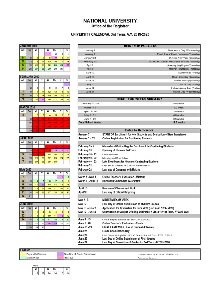 National University: UNIVERSITY CALENDAR, 3rd Term, A.Y. 2019-2020