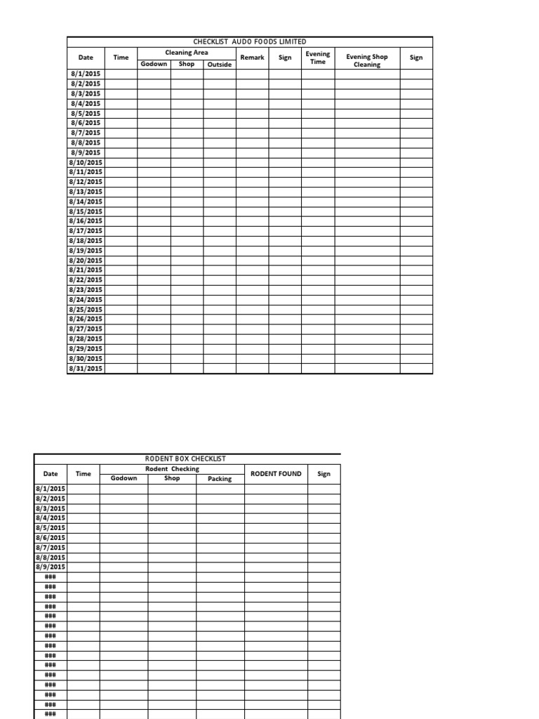 Audo Foods Cleaning & Rodent Checklist | PDF