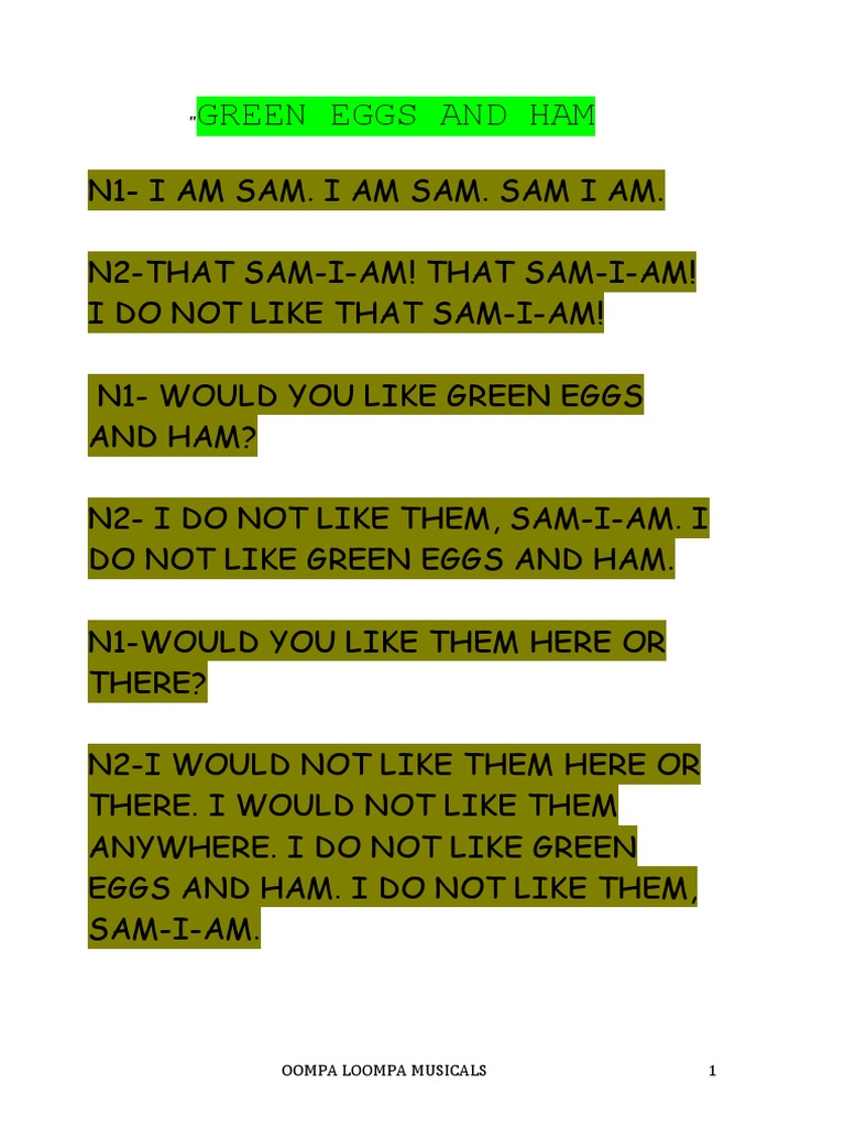 Green Eggs and Ham Script | PDF | Egg | American Children's Books