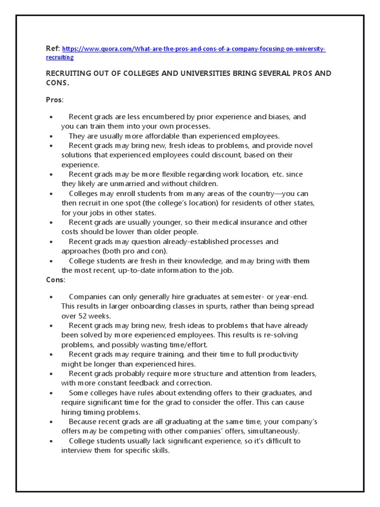 Pros and Cons of Recruiting From Colleges | PDF | Recruitment 