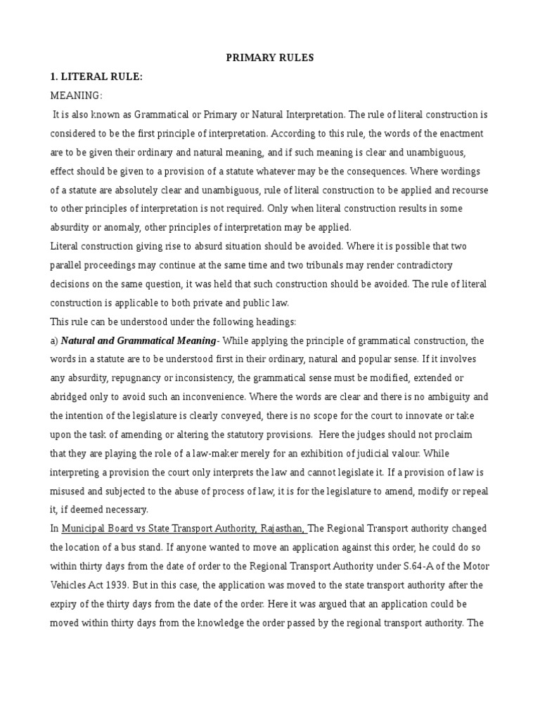 Primary Rules 1. Literal Rule PDF Plain Meaning Rule Statutory