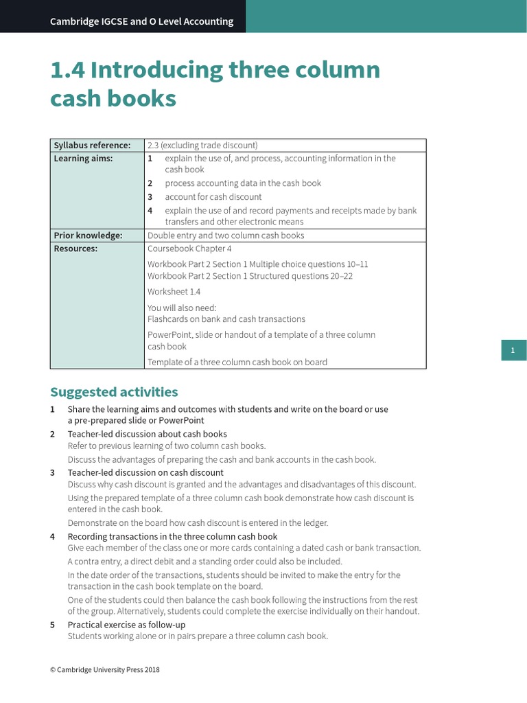 1.4 Introducing Three Column Cash Books PDF Cash Money