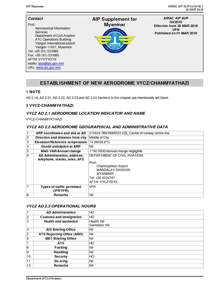 AIP Supplement For Myanmar: Contact | PDF | Airport | Air Traffic Control