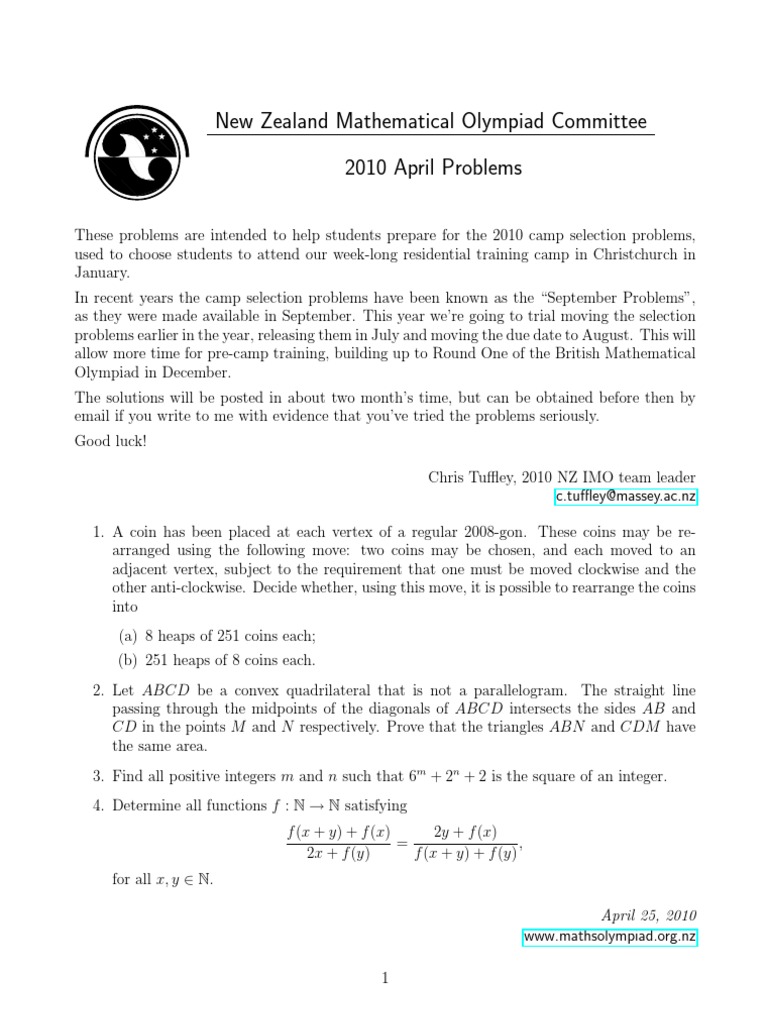 2010 NZ Mathematical Olympiad Problems | PDF