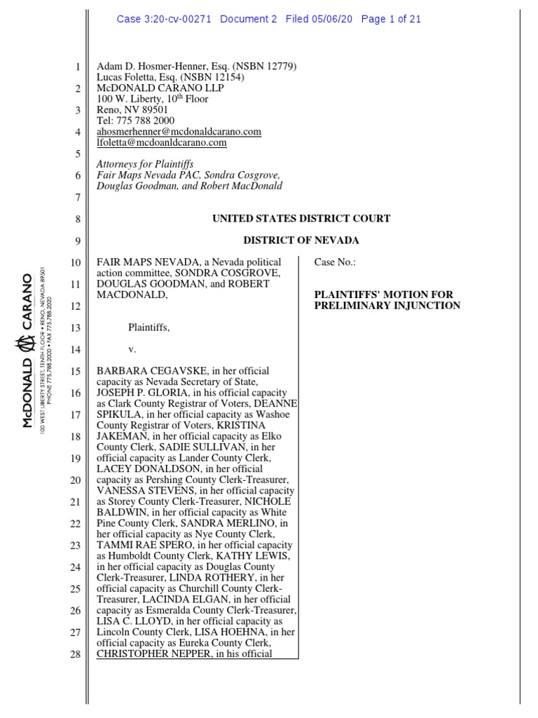Fair Maps Nevada Injunction Motion | PDF | Fourteenth Amendment To The ...