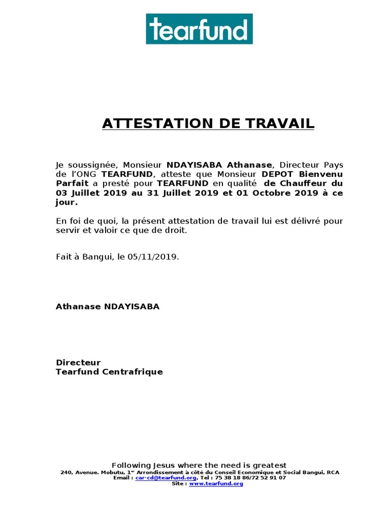 Attestation de service rendu par Tearfund | PDF