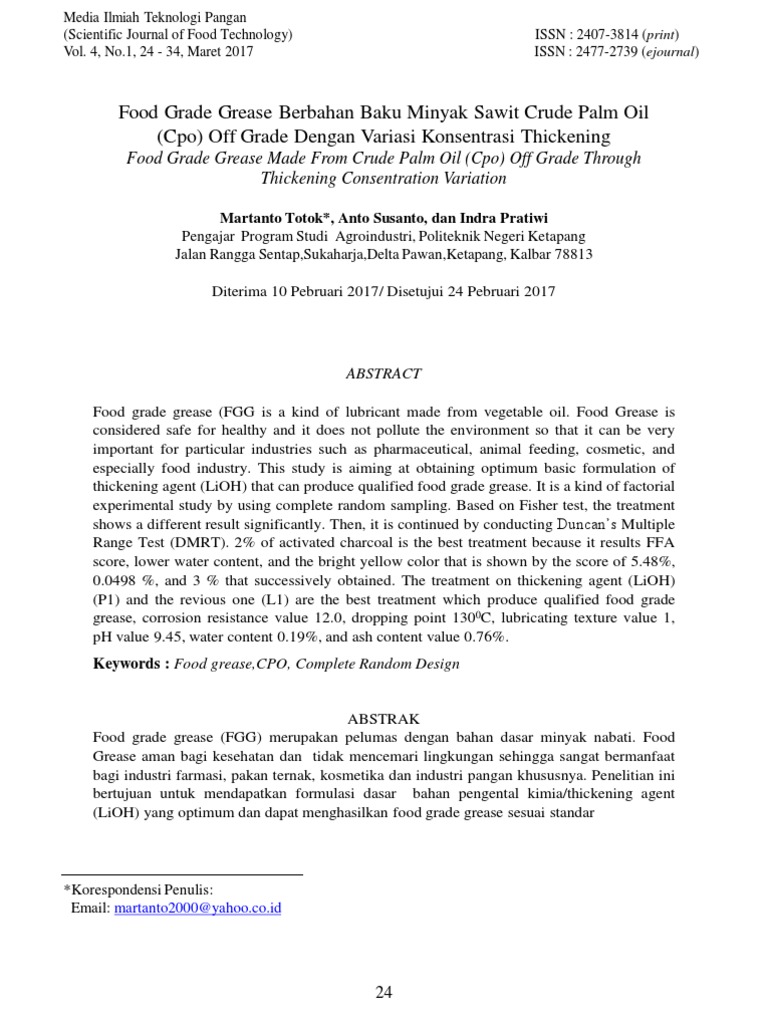Food Grade Grease Made From Crude Palm Oil (Cpo) Off Grade PDF