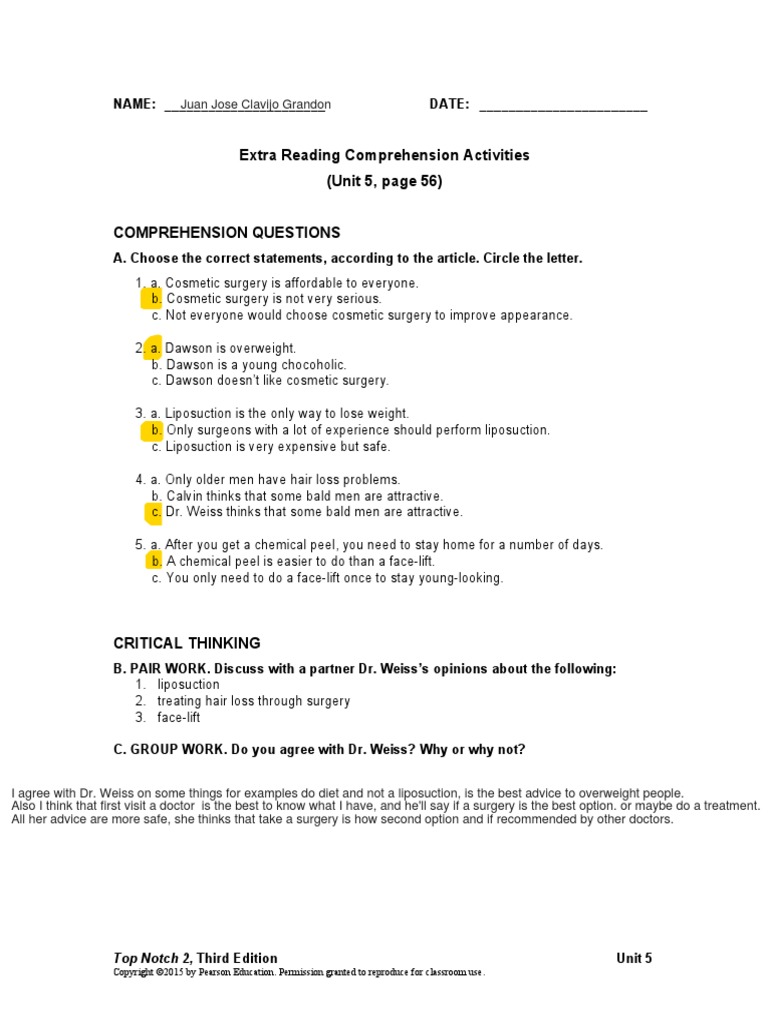 Extra Reading Comprehension Activities (Unit 5, Page 56) Top Notch 2