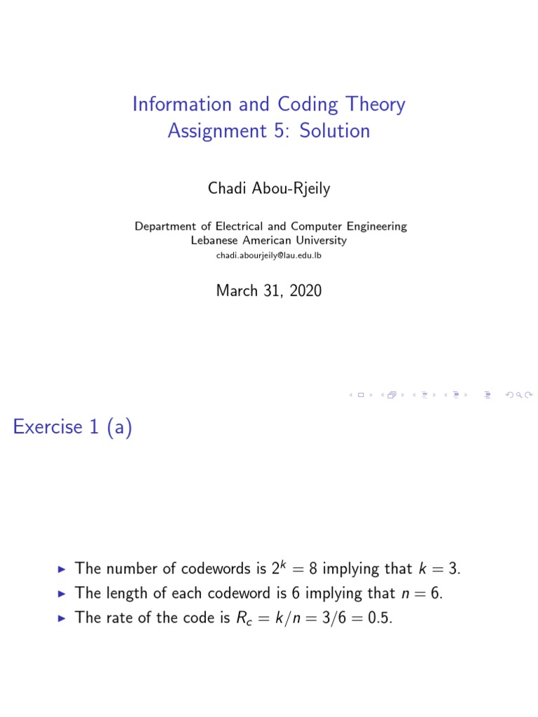 Information and Coding Theory Assignment 5: Solution: Chadi Abou-Rjeily ...
