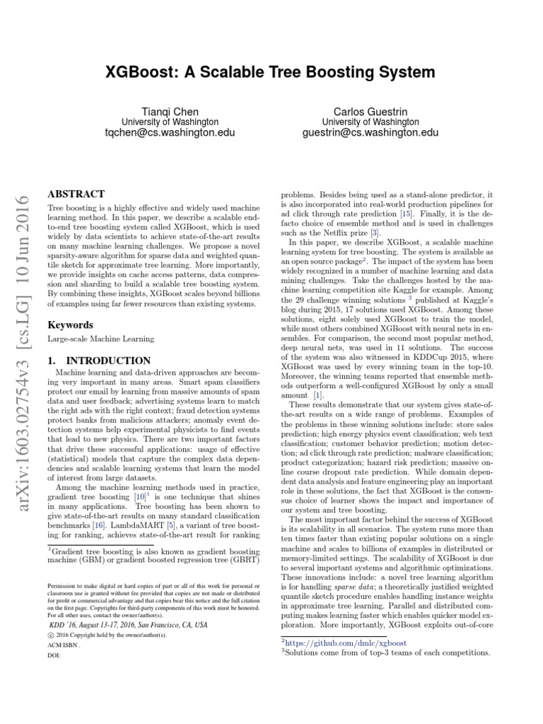 XGBoost A Scalable Tree Boosting System PDF | PDF | Machine Learning ...