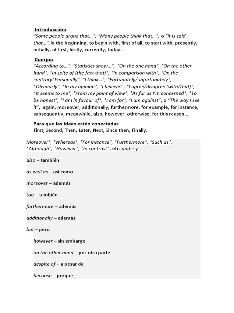 Initially, at First, Firstly, Currently, Today : Introducción | PDF