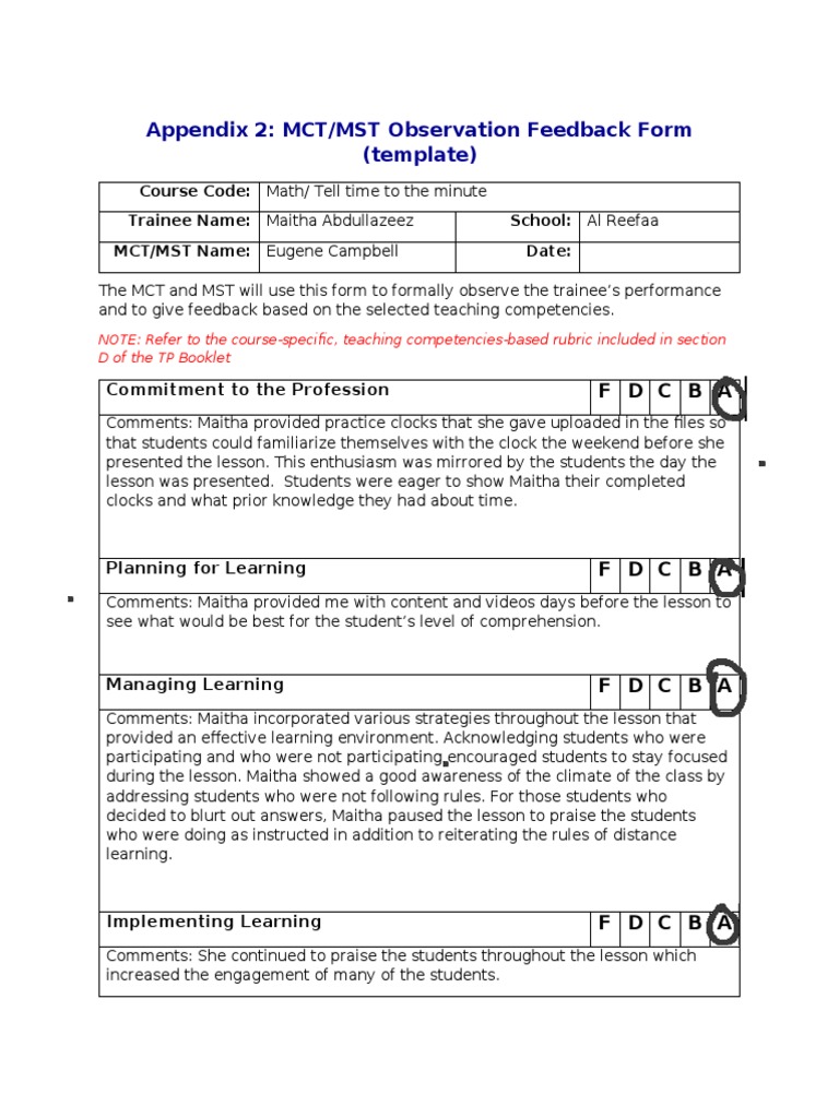 Appendix 2 Feedback Observation (Time) | PDF | Education Theory | Learning