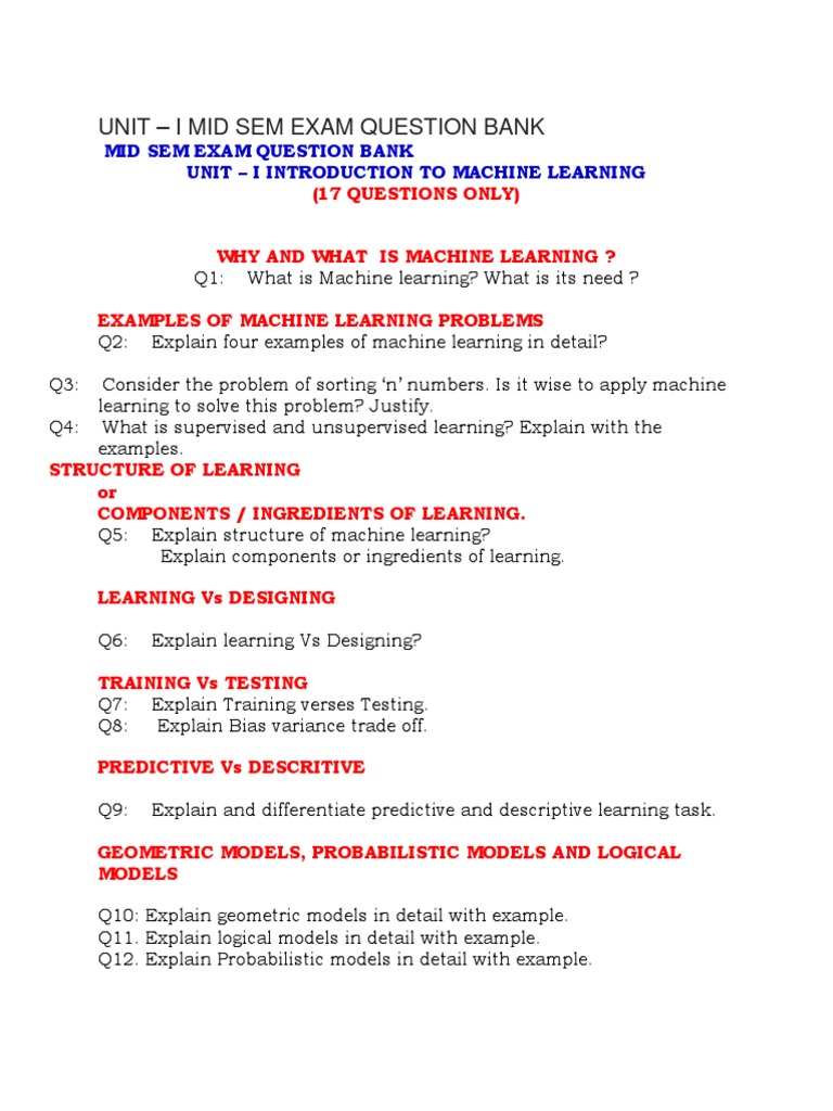 Ml Mid Sem Question Bank Pdf Statistical Classification