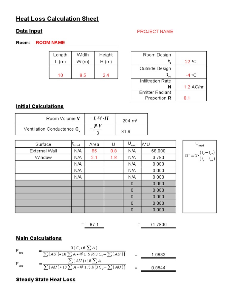 Heat Loss Calculation Sheet Data Input PDF Mechanical Engineering