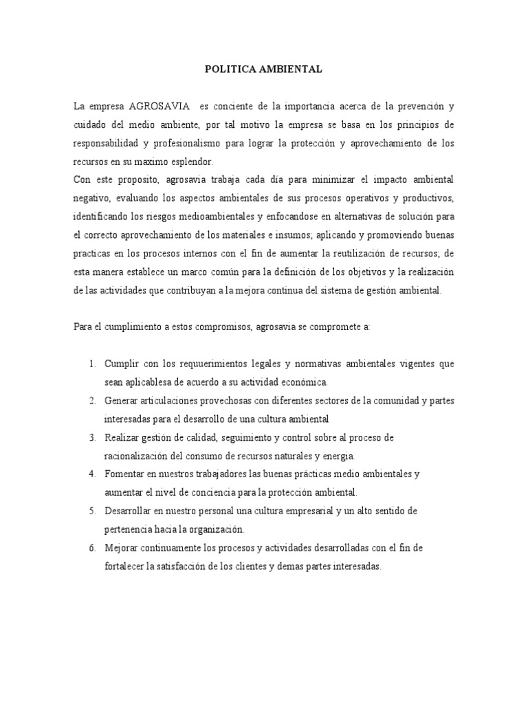 Política Ambiental de AGROSAVIA | PDF | Entorno natural | Política de ...