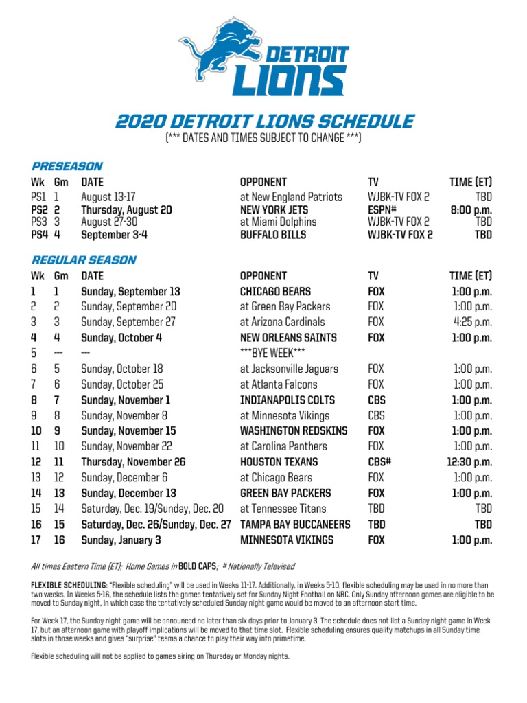 2020 Detroit Lions Schedule Preseason Professional Sports Leagues