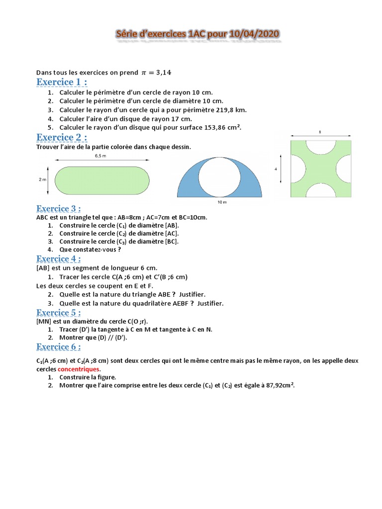 évaluation Cercle Cm2 Avec Correction Série D'exercices 1AC | PDF